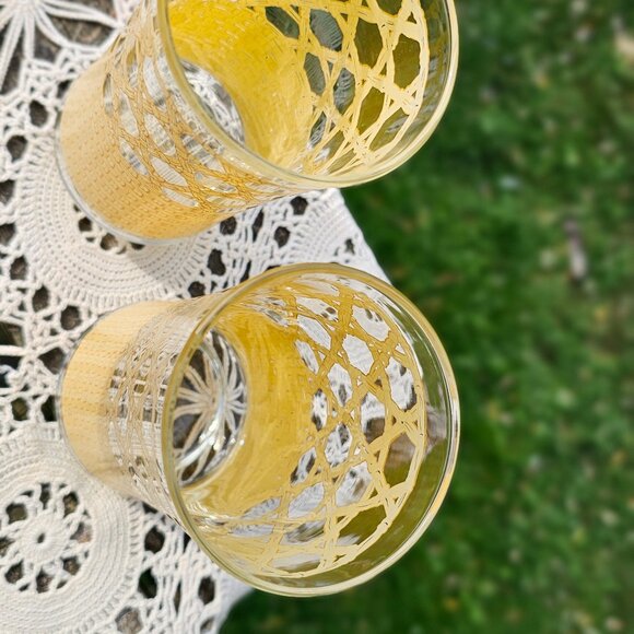 Libbey tumbler drinking glasses set of 2 woven rattan cane pattern vintage 1970s - Picture 3 of 9